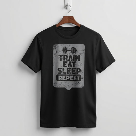 "Train Eat Sleep Repeat" Distressed Fitness Graphic Tee