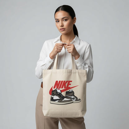 Mocha Reverse Swoosh High-Top Graphic Canvas Tote Bag - Classic Streetwear Canvas Shoulder Bag