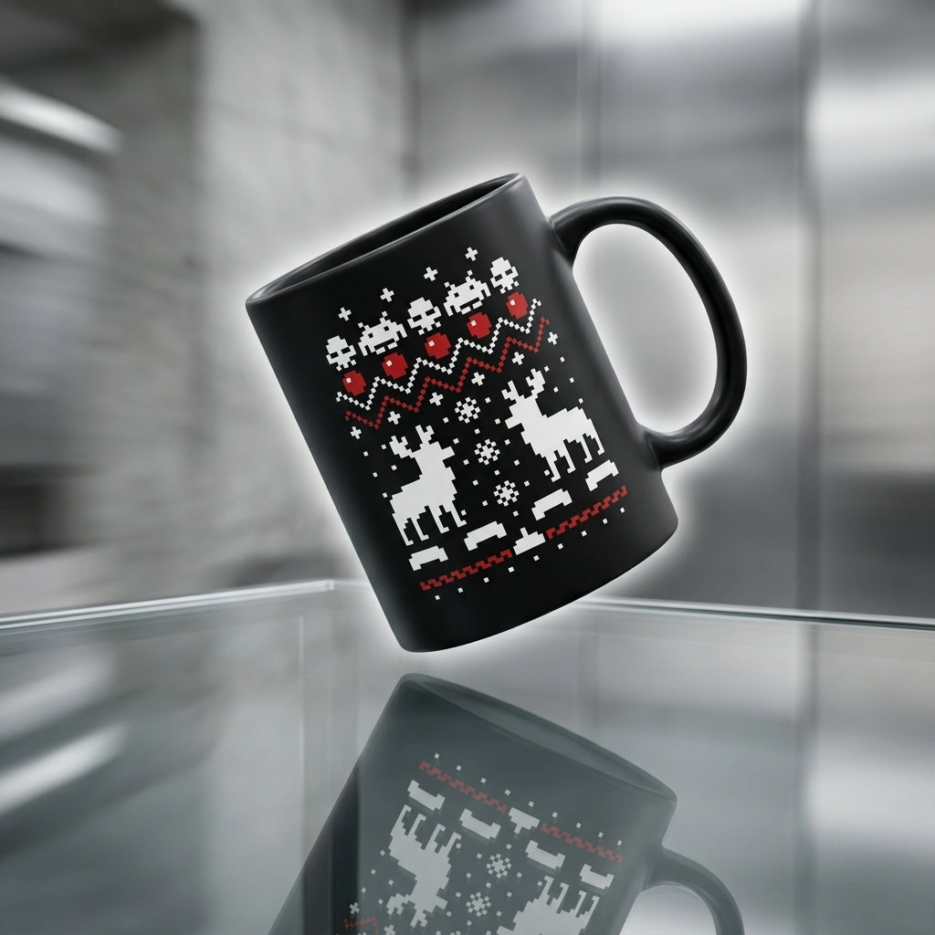 Retro Pixel Gamer Ugly Christmas Sweater Coffee Mug 11oz - Black Ceramic Tea Cup