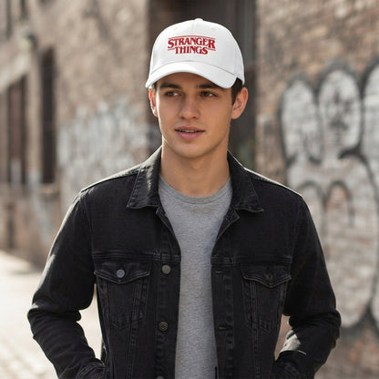 Stranger Things Red Title Logo Graphic Baseball Cap - TV Show Sci-Fi Cap (White & Black)