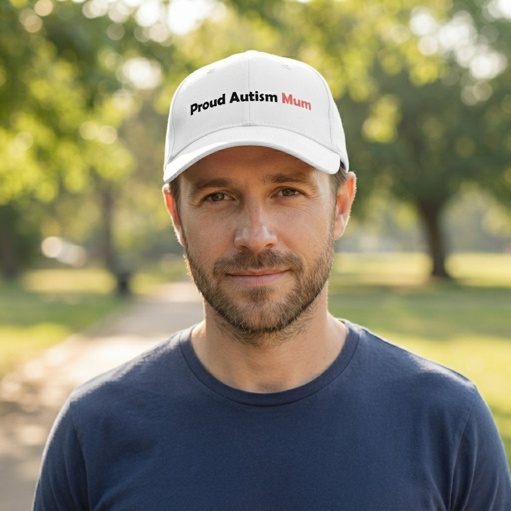 Proud Autism Dad & Mum Typography Graphic Baseball Cap - Neurodiversity Support Cap (White)