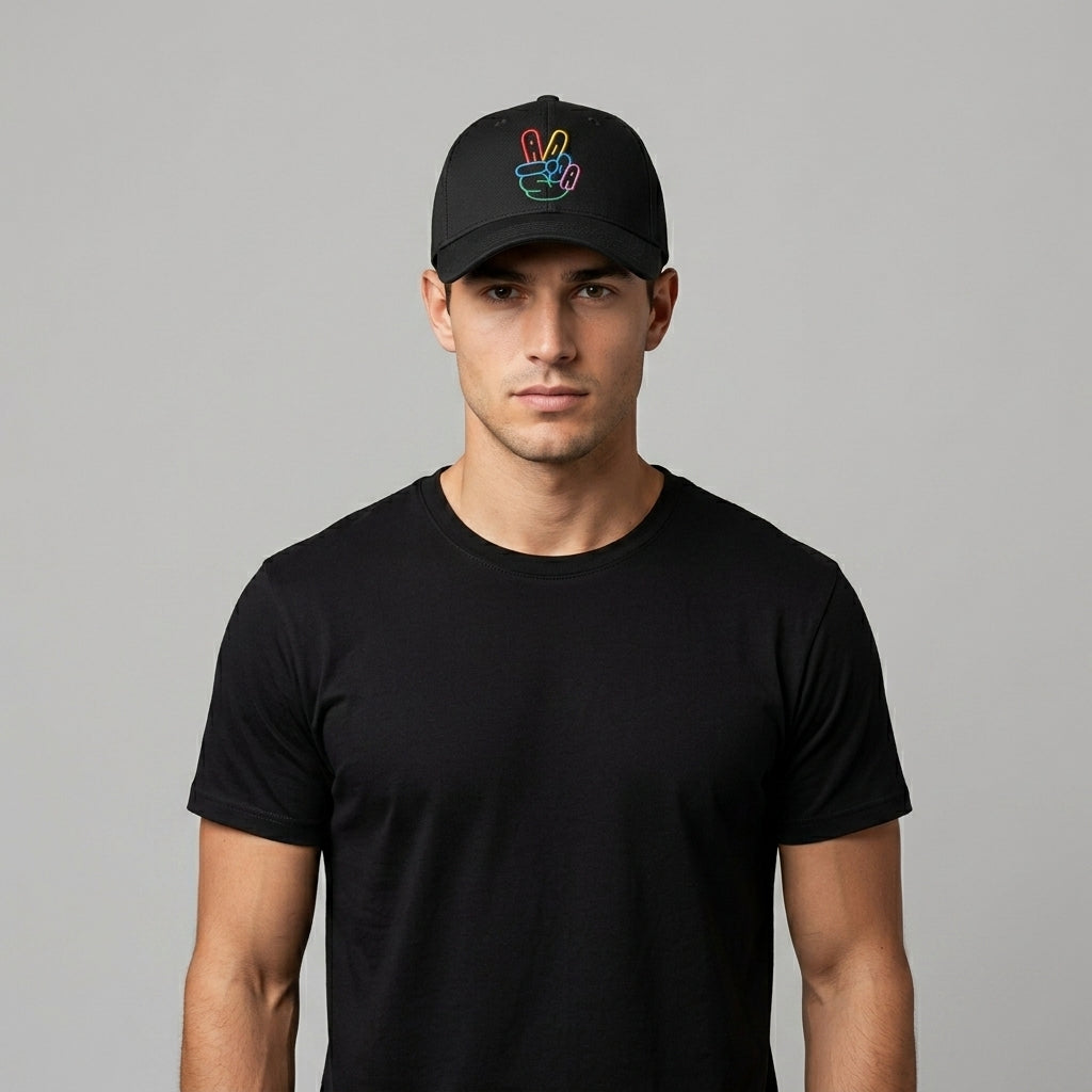 Neon Peace Hand Sign Graphic Baseball Cap - Minimalist Victory Sign Cap (Black & White)