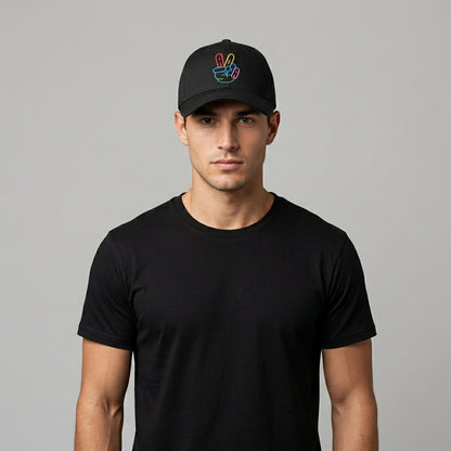 Neon Peace Hand Sign Graphic Baseball Cap - Minimalist Victory Sign Cap (Black & White)