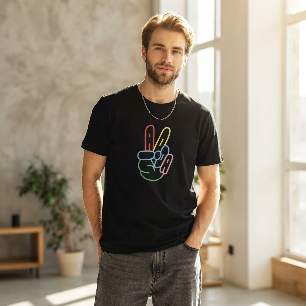 Colorful Neon Peace Sign Hand Graphic T-Shirt - Vibrant ADA Typography Cotton Crew Neck Tee in Black & White