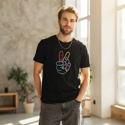 Colorful Neon Peace Sign Hand Graphic T-Shirt - Vibrant ADA Typography Cotton Crew Neck Tee in Black & White