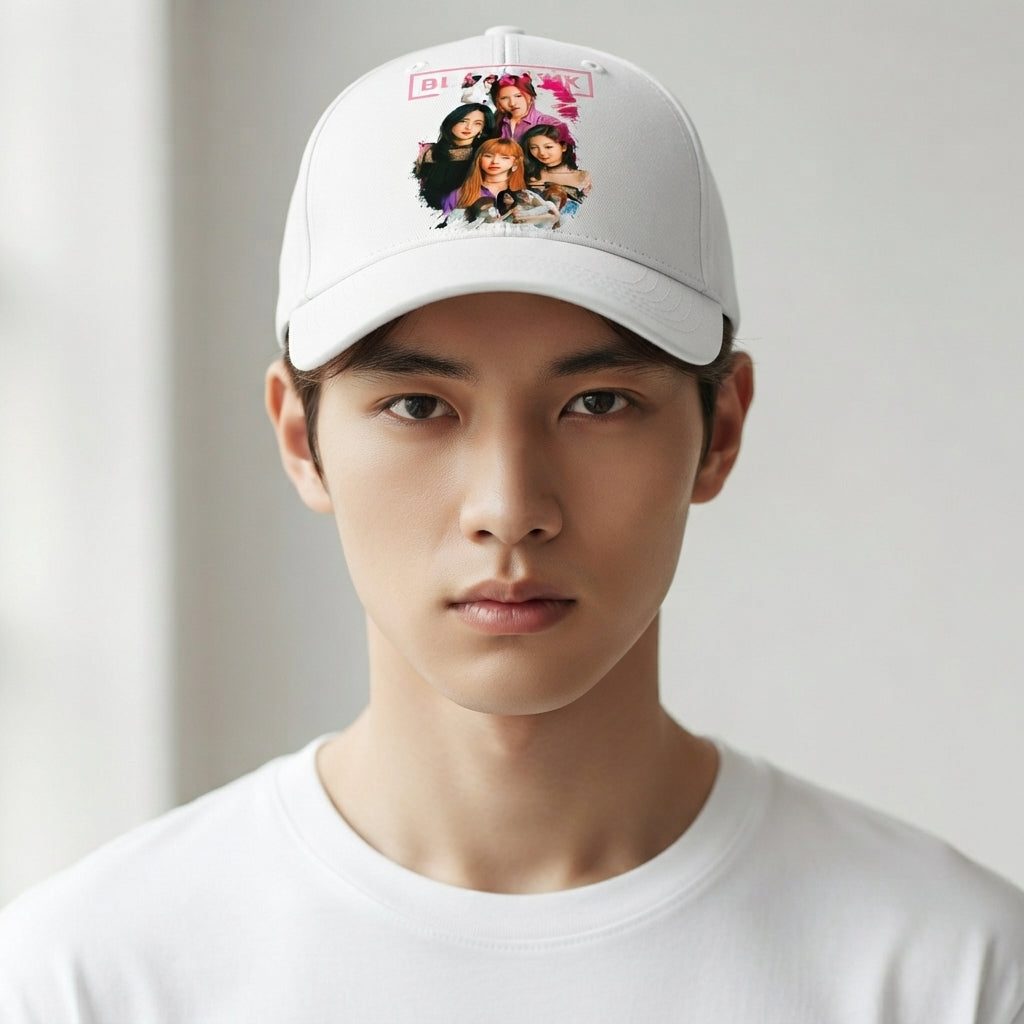 BLACKPINK K-Pop Girl Group Graphic Baseball Cap - Kpop Band Merch Cap (White)