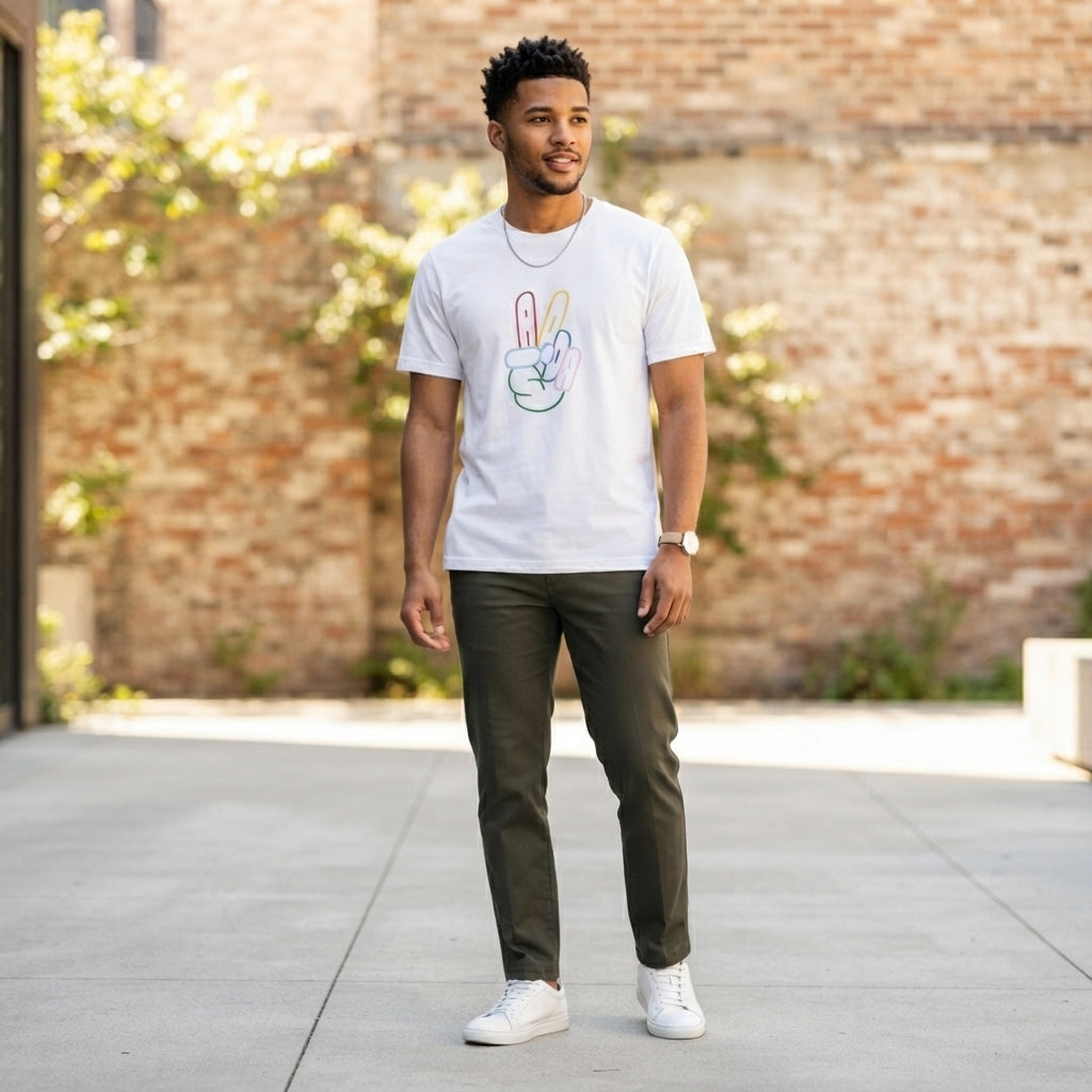 Colorful Neon Peace Sign Hand Graphic T-Shirt - Vibrant ADA Typography Cotton Crew Neck Tee in Black & White