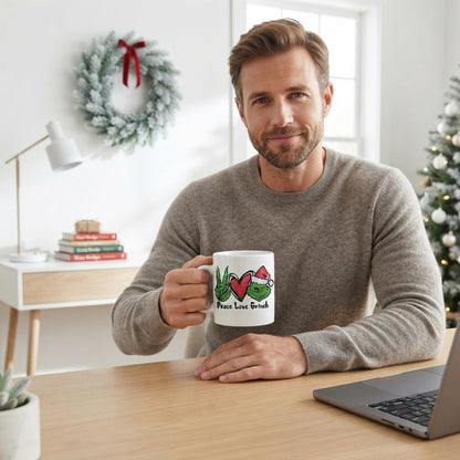 Peace Love Grinch Christmas Coffee Mug 11oz - Funny Holiday Green Hand & Heart White Ceramic Tea Cup - Festive Christmas Gift