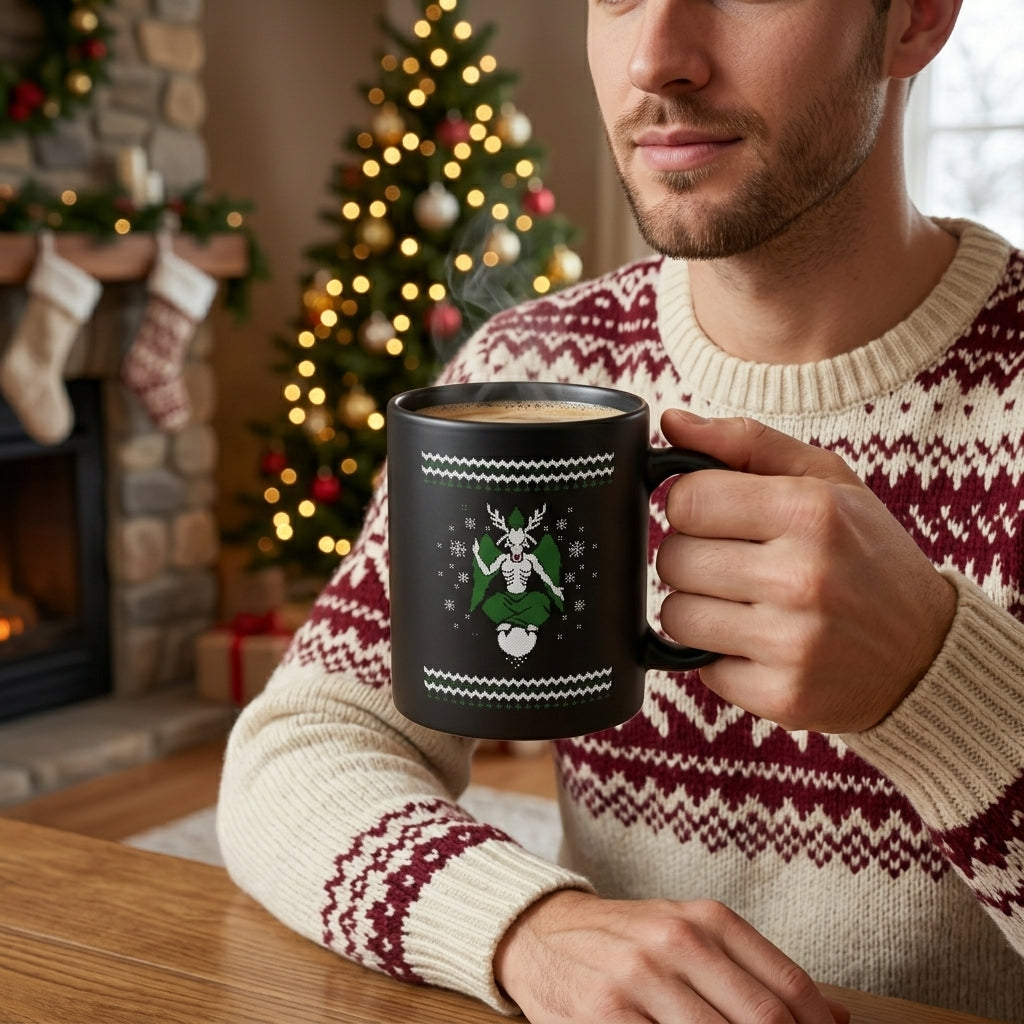 Satanic Baphomet Ugly Christmas Sweater Black Coffee Mug 11oz - Occult Antichrist Festive Holiday Ceramic Tea Cup - Alternative Gothic Christmas Gift