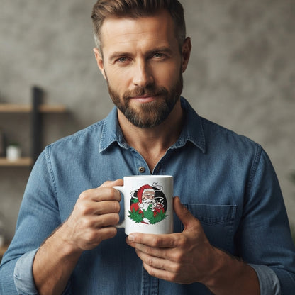 Funny "Stoner Santa" Christmas Coffee Mug 11oz - Smoking Weed Leaves White Ceramic Tea Cup - Novelty Holiday Gag Gift