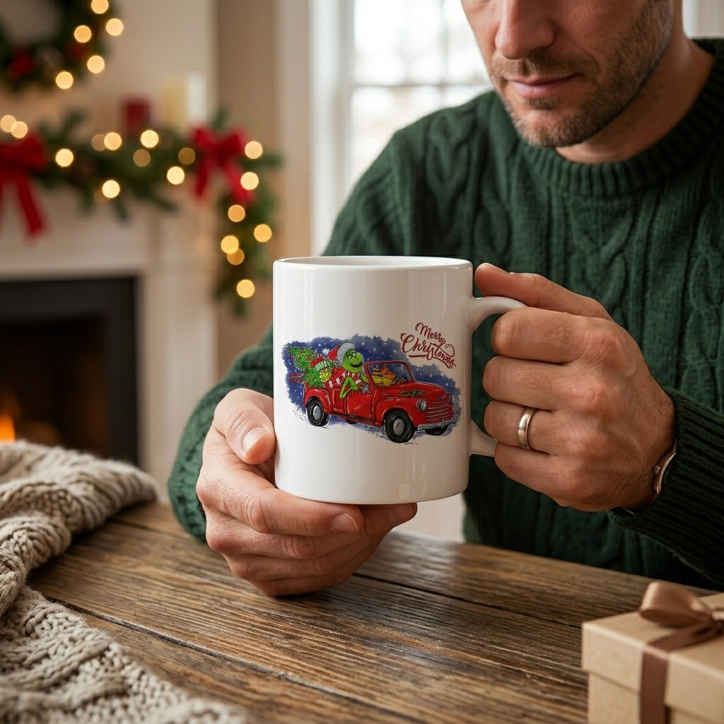Grinch Christmas Vintage Red Truck Coffee Mug 11oz - "Merry Christmas" White Ceramic Tea Cup - Holiday Gift for Grinch Lovers