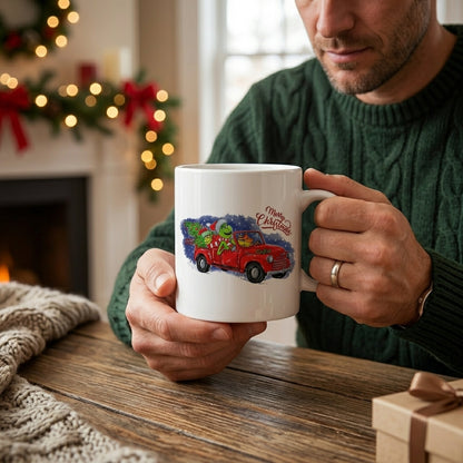 Grinch Christmas Vintage Red Truck Coffee Mug 11oz - "Merry Christmas" White Ceramic Tea Cup - Holiday Gift for Grinch Lovers