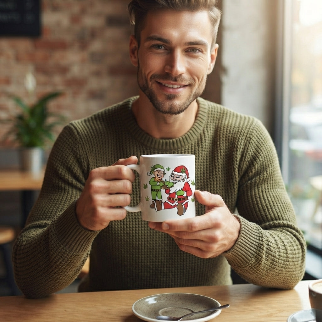 Funny Weed Santa & Elf Christmas Coffee Mug 11oz - Cannabis Leaf White Ceramic Tea Cup - Holiday Stoner Gift