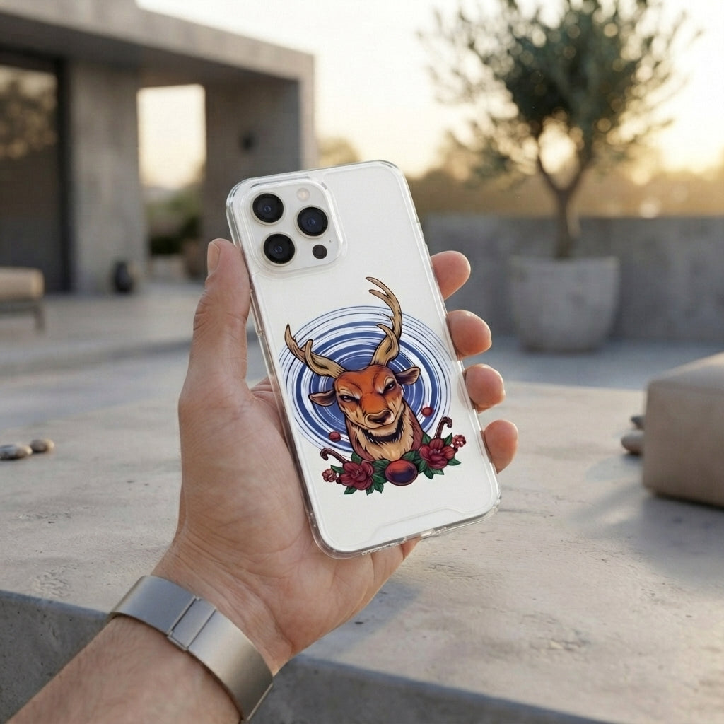 Majestic Deer Antlers Graphic Clear Case Floral Vintage Wildlife Protective Phone Cover for iPhone