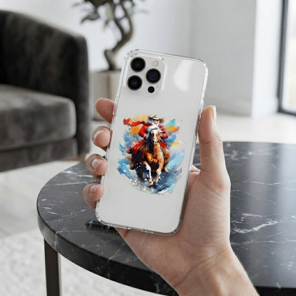 Watercolor Santa Riding Horse Graphic Clear Case Festive Holiday Painting Protective Phone Cover for iPhone