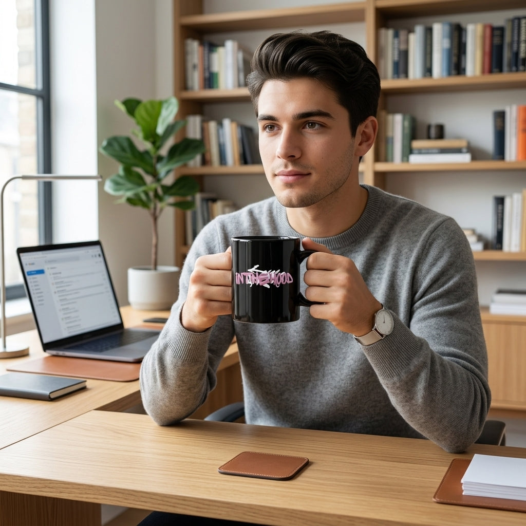 In The Hood Pink Graffiti Tag Glossy Black Ceramic Coffee Mug - Urban Streetwear Graphic Printed Tea Cup (11oz)