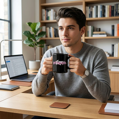 In The Hood Pink Graffiti Tag Glossy Black Ceramic Coffee Mug - Urban Streetwear Graphic Printed Tea Cup (11oz)