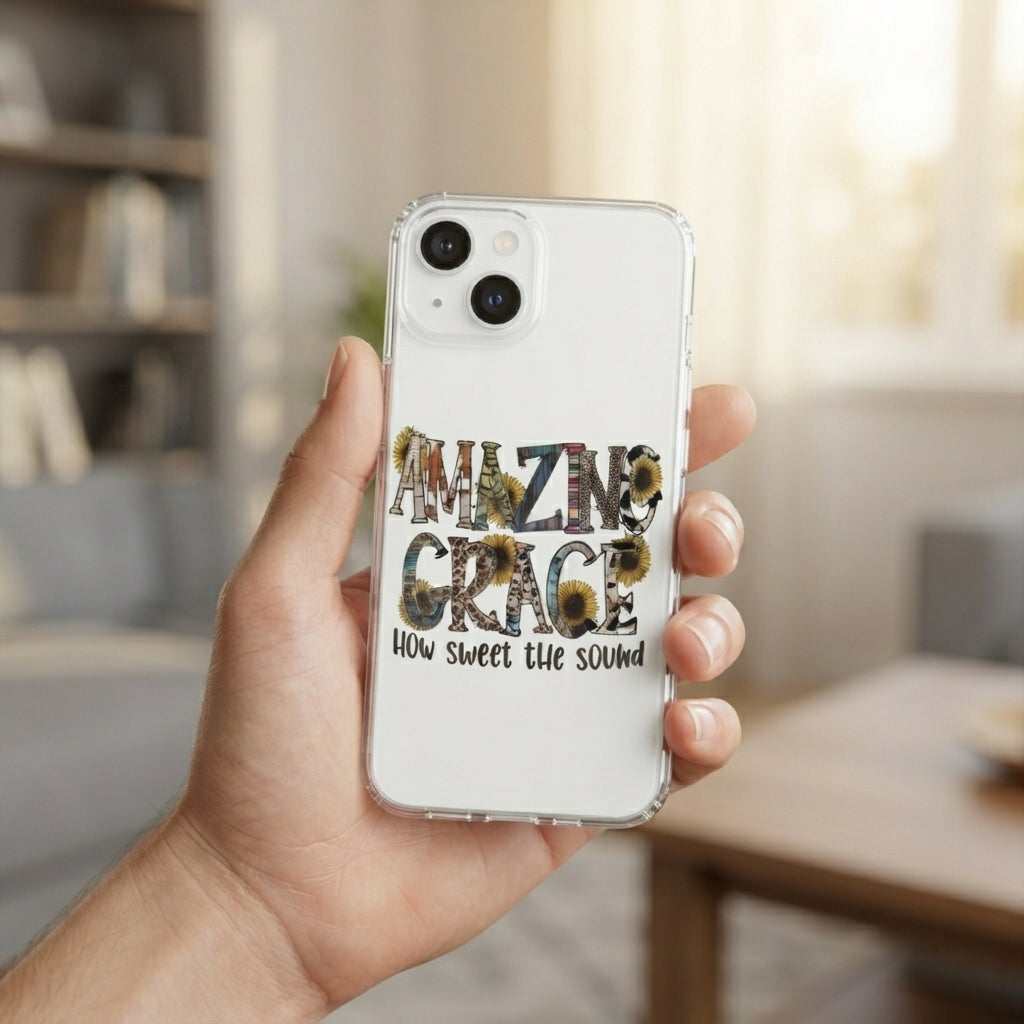 Amazing Grace How Sweet The Sound Sunflower Graphic Clear Case Christian Quote Protective Phone Cover for iPhone