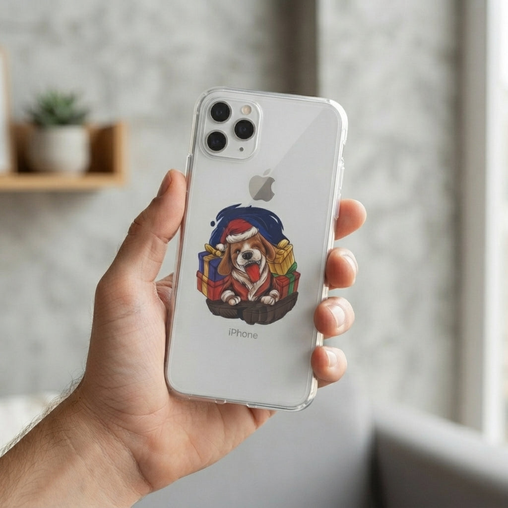 Cute Christmas Dog in Santa Hat Graphic Clear Case Festive Puppy Holiday Gift Protective Phone Cover for iPhone