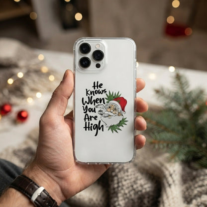 He Knows When You Are High Santa Graphic Clear Case Funny Christmas Holiday Protective Phone Cover for iPhone