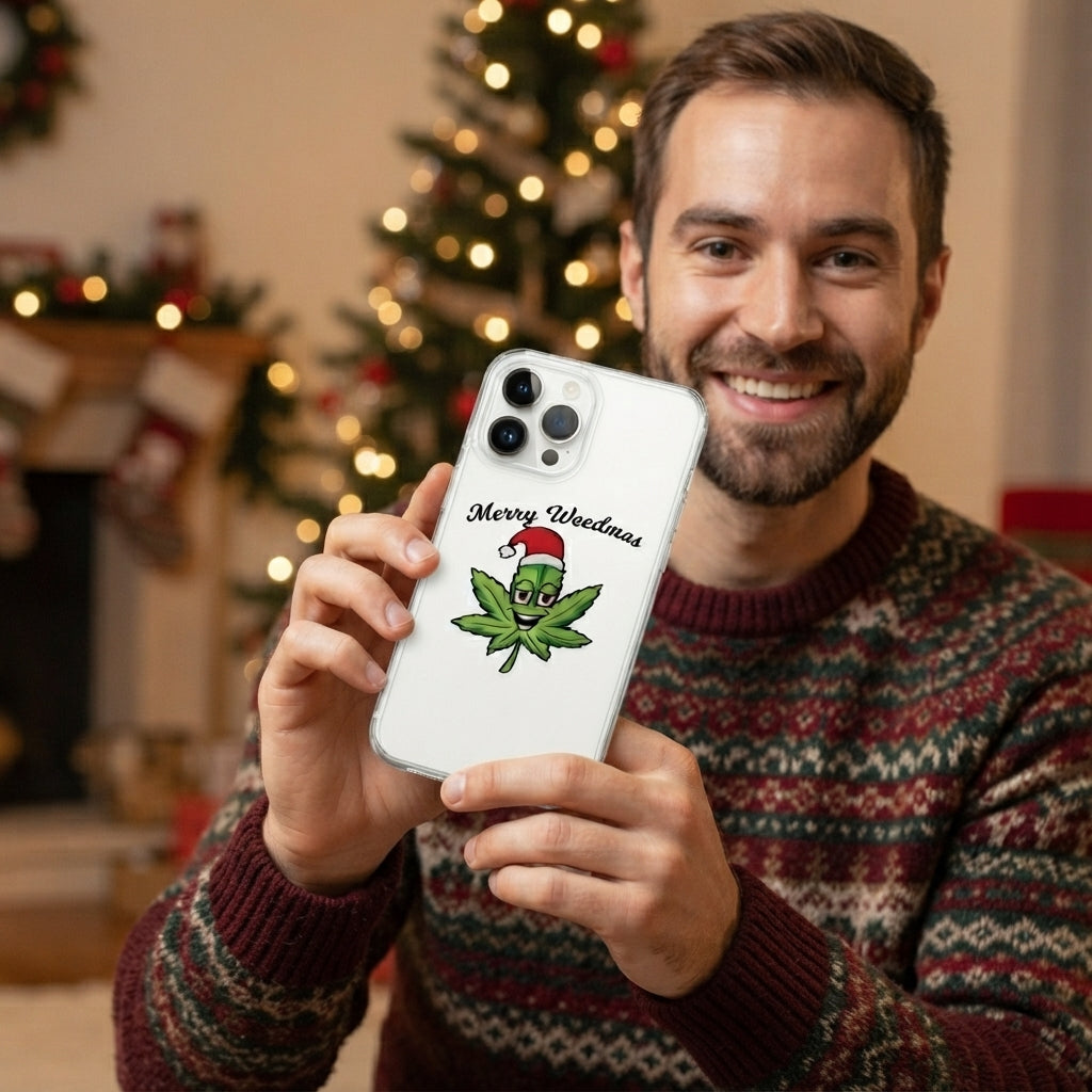 Merry Weedmas Santa Hat Leaf Graphic Clear Case Funny Christmas Holiday Protective Phone Cover for iPhone