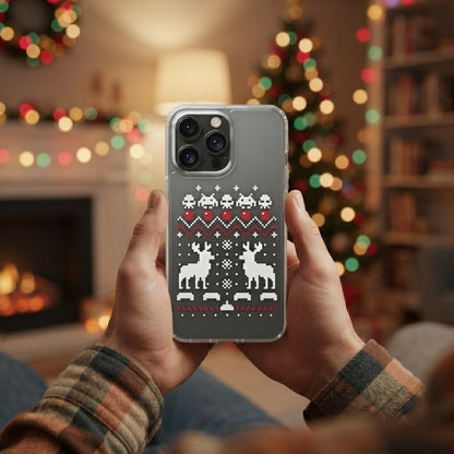 Ugly Christmas Sweater Pixel Art Reindeer Clear Case for iPhone | Retro Gamer Holiday Cover
