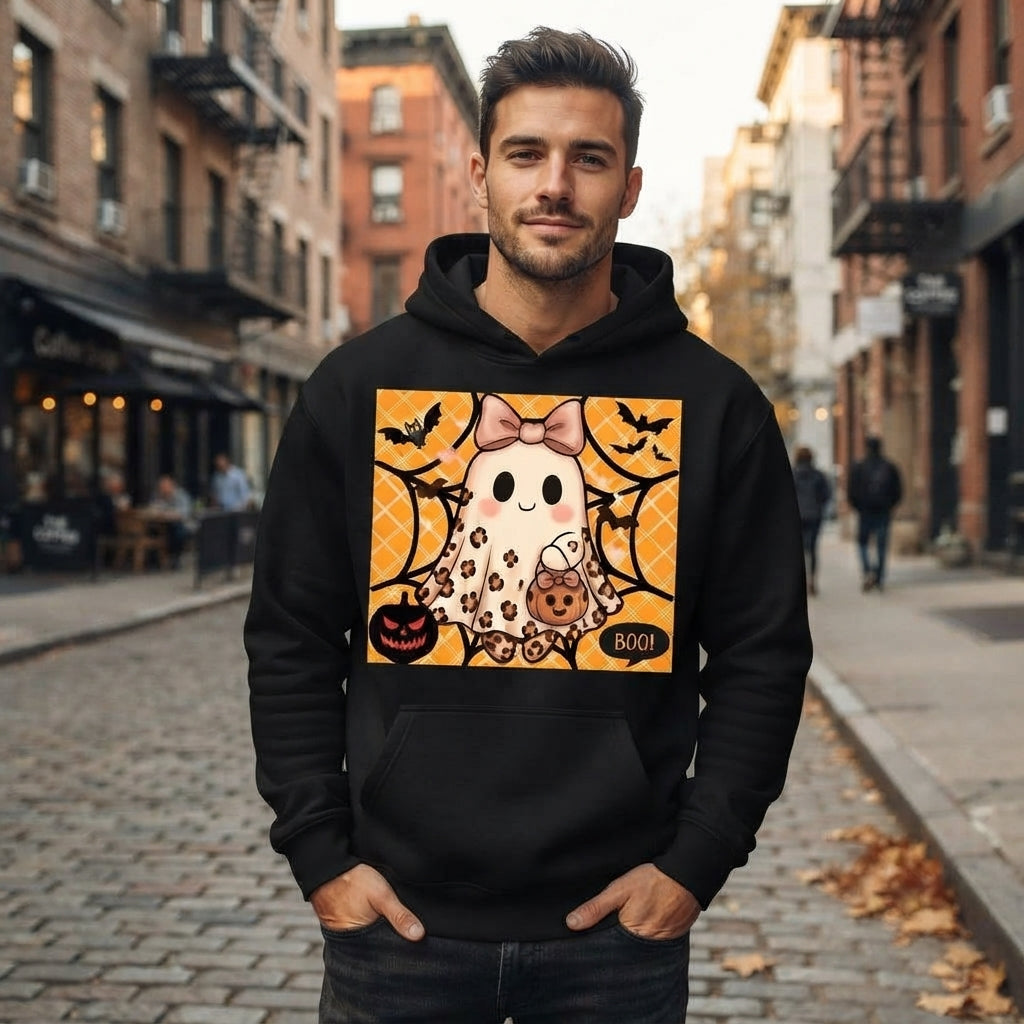Cute Leopard Ghost Bow Pumpkin Halloween Graphic Pullover Hoodie