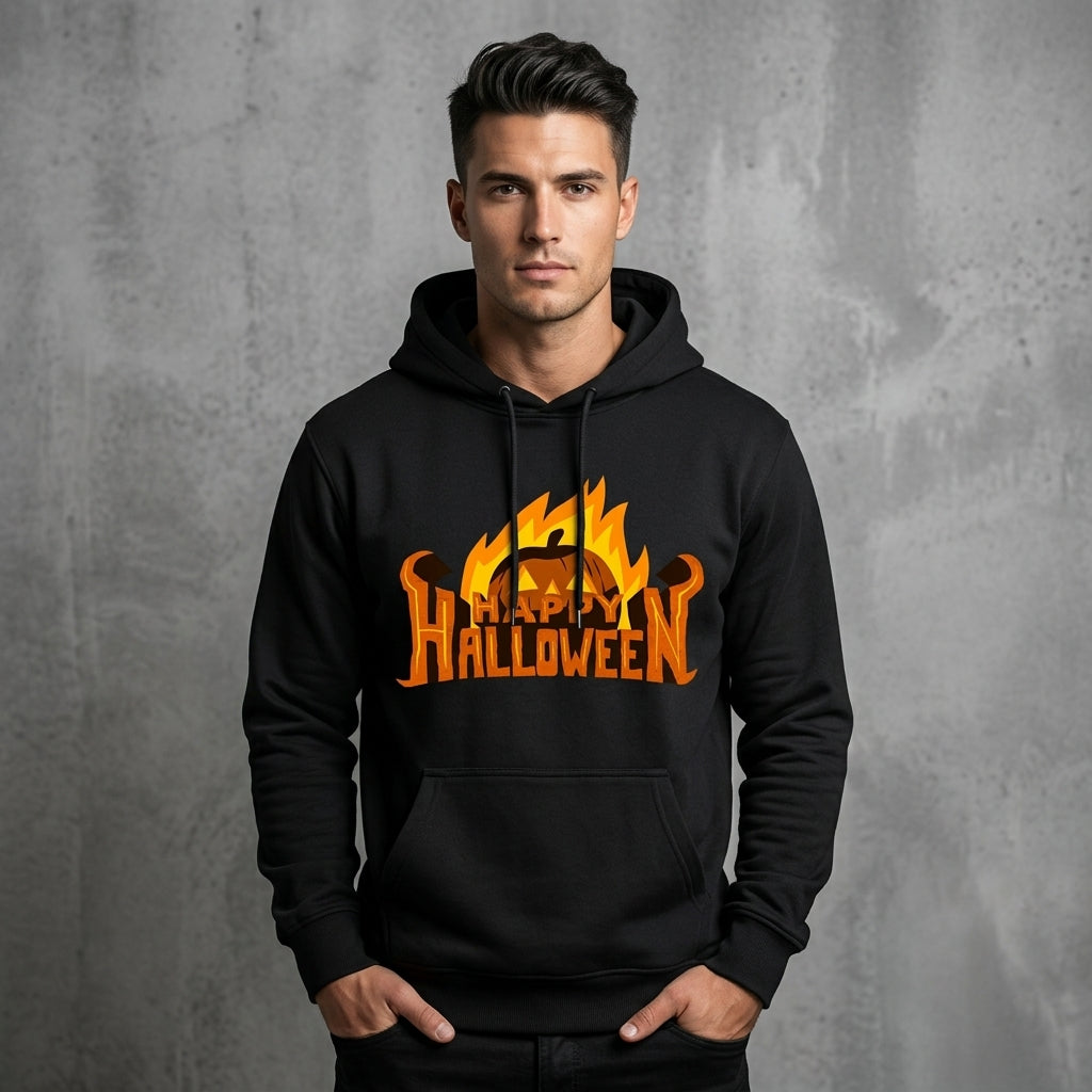 Happy Halloween Flaming Pumpkin Jack-O'-Lantern Graphic Pullover Hoodie