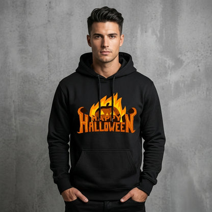 Happy Halloween Flaming Pumpkin Jack-O'-Lantern Graphic Pullover Hoodie