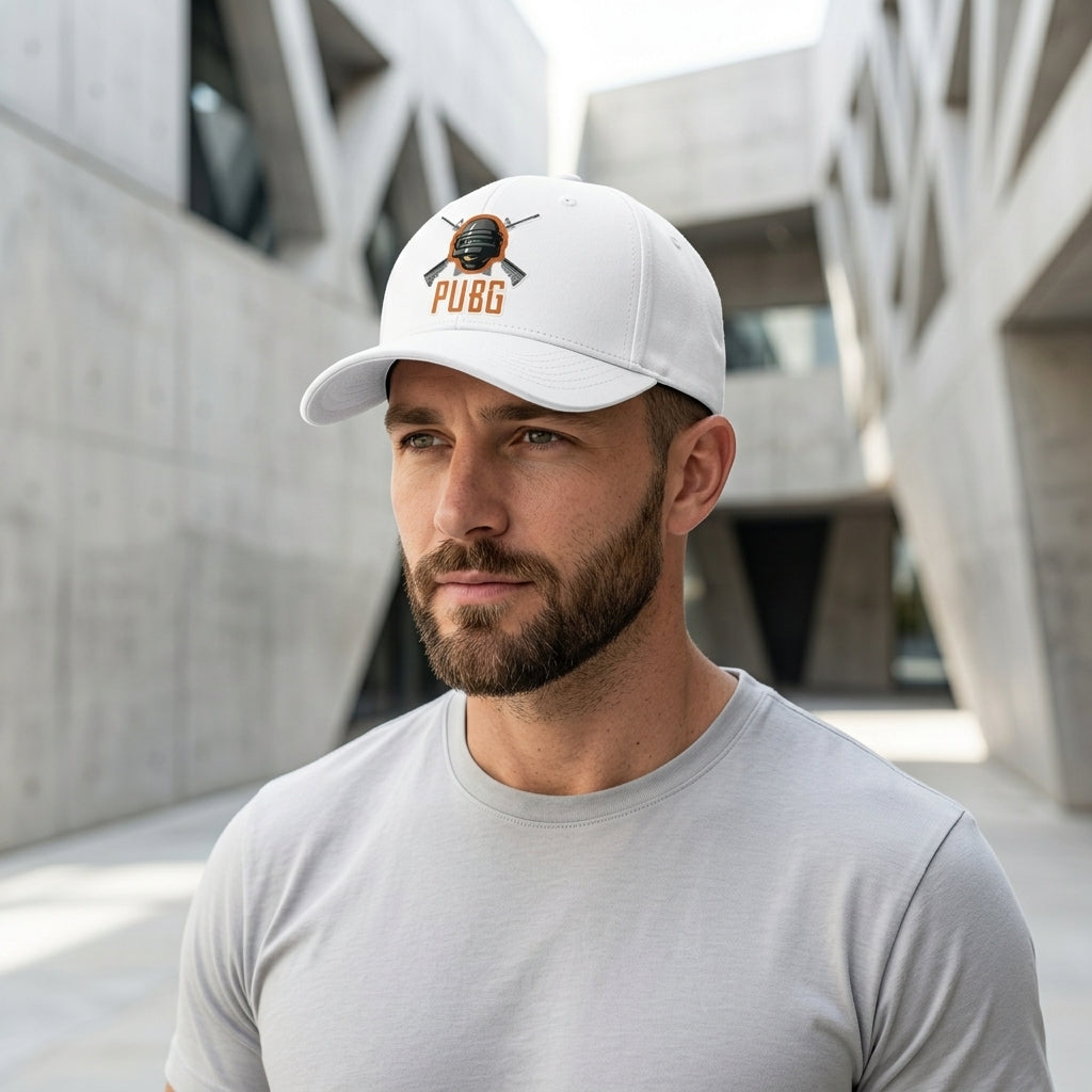 PUBG Level 3 Helmet & Rifles Graphic Baseball Cap - Battle Royale Gaming Cap (White & Black)