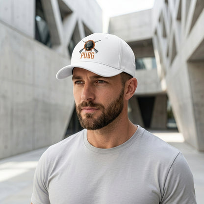 PUBG Level 3 Helmet & Rifles Graphic Baseball Cap - Battle Royale Gaming Cap (White & Black)