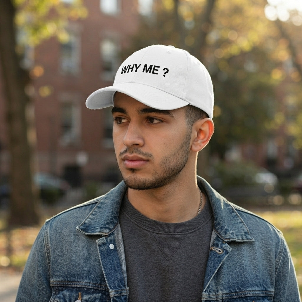Why Me Question Mark Sarcastic Graphic Baseball Cap - Minimalist Quote Cap (White)