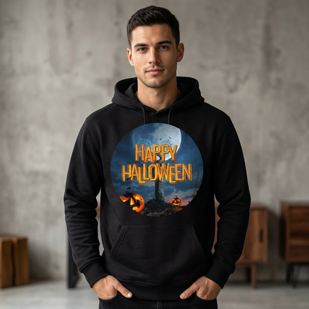 Happy Halloween Full Moon Graveyard Pumpkin Graphic Pullover Hoodie