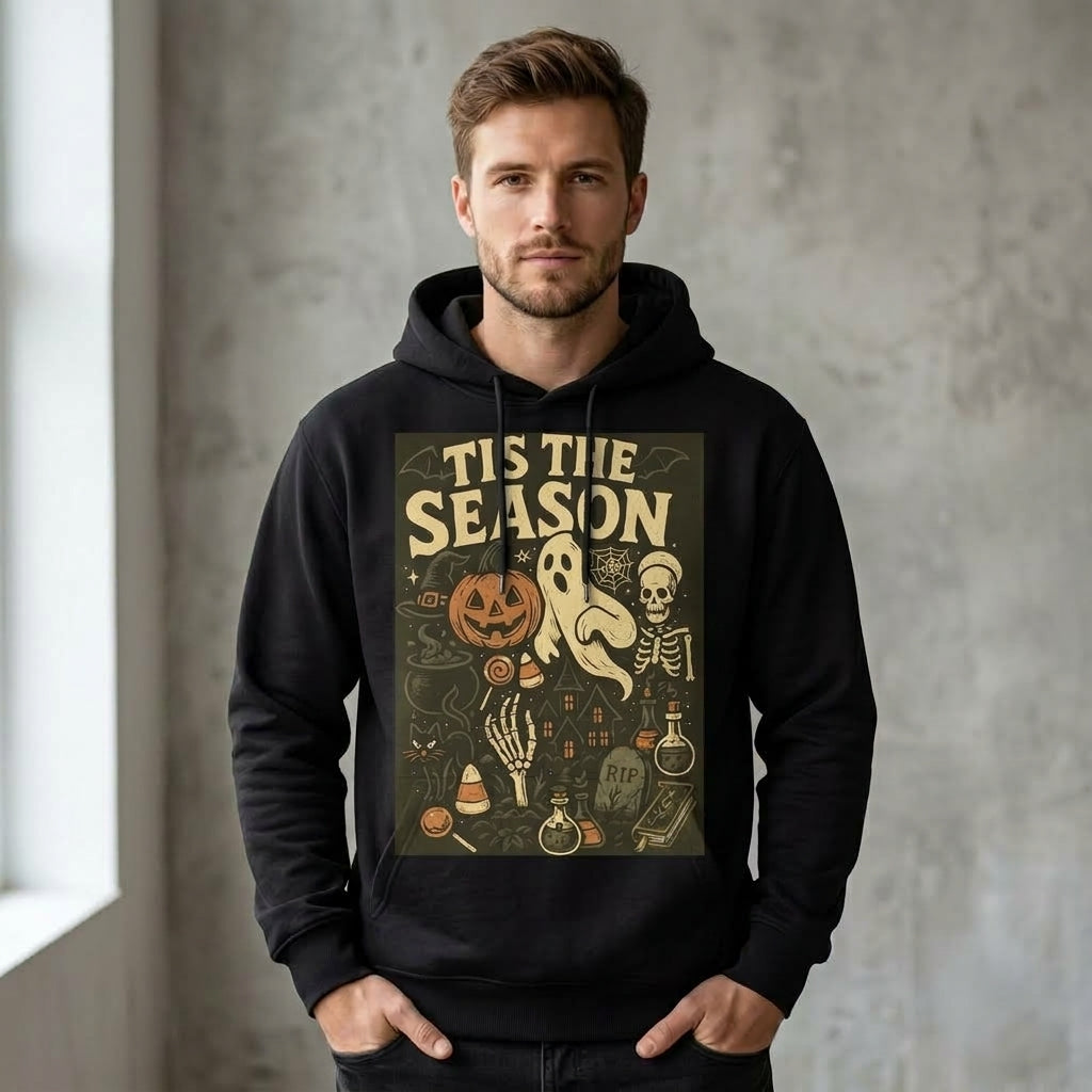 Tis The Season Spooky Collage Ghost Skeleton Pumpkin Graphic Pullover Hoodie