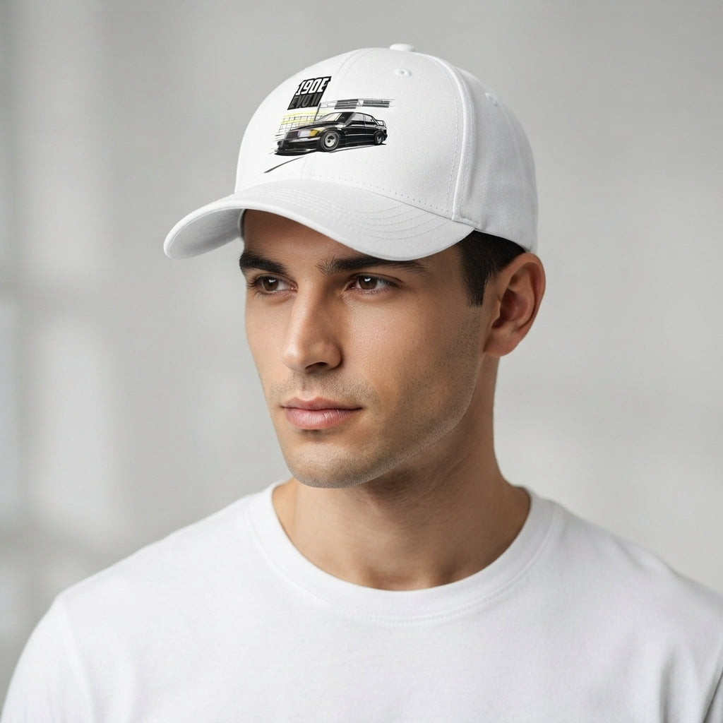 190E EVO II Classic German Sports Car Graphic Baseball Cap - Automotive Tuner Cap (White)