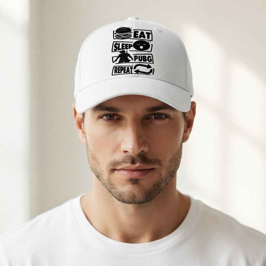 Eat Sleep PUBG Repeat Gaming Graphic Baseball Cap - Gamer Quote Cap (White)