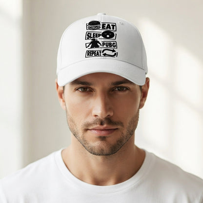 Eat Sleep PUBG Repeat Gaming Graphic Baseball Cap - Gamer Quote Cap (White)