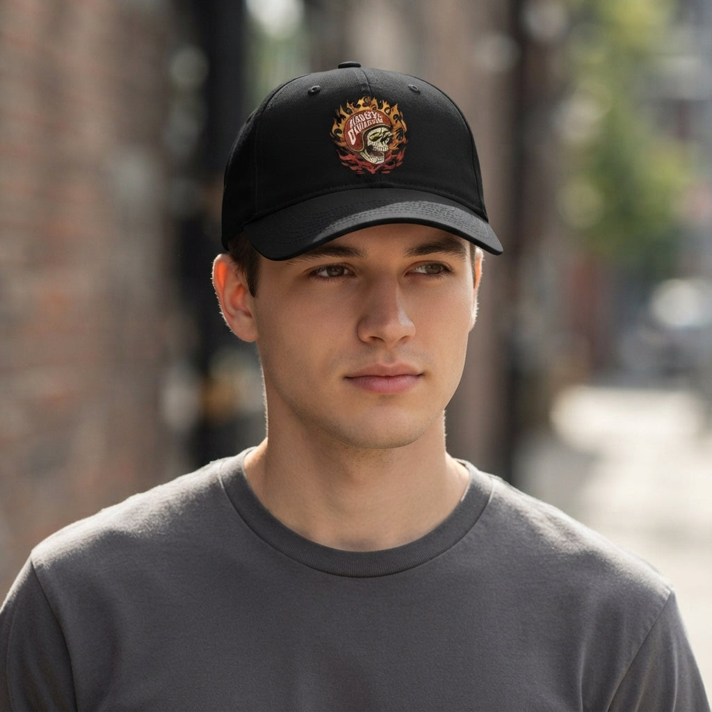 Harley Davidson Flaming Skull Helmet Graphic Baseball Cap - Biker Cap (Black & White)