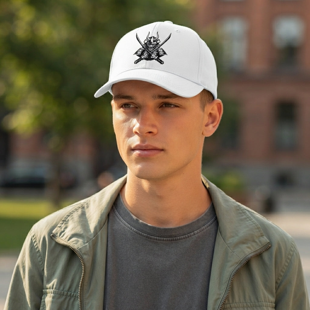 Japanese Samurai Horseback Warrior Graphic Baseball Cap - Martial Arts Culture Cap (White)