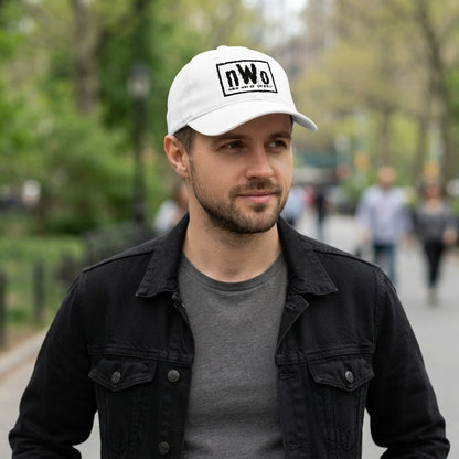 nWo New World Order Box Logo Graphic Baseball Cap - Wrestling Retro Cap (White)