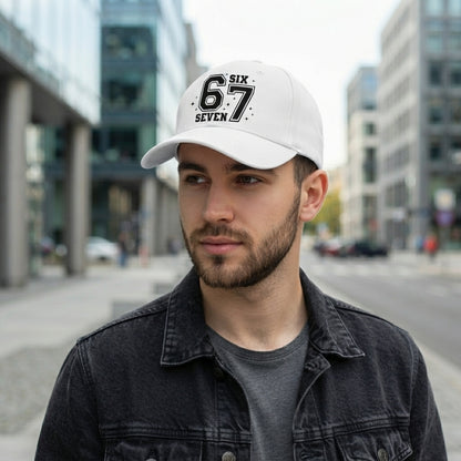 Six Seven 67 Varsity Number Graphic Baseball Cap - Urban Streetwear Cap (White)