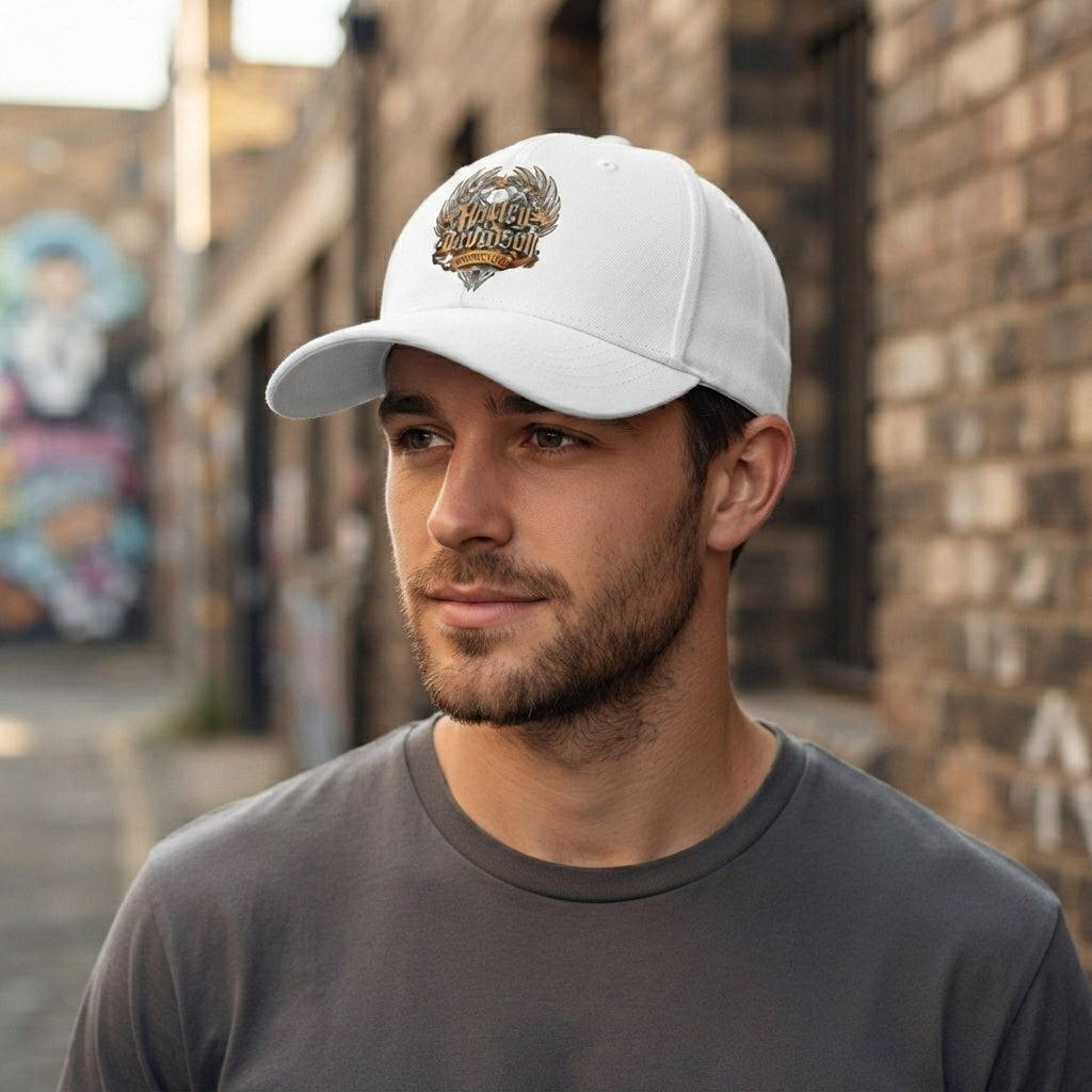 Harley Davidson Vintage Winged Emblem Graphic Baseball Cap - Biker Cap (Black & White)
