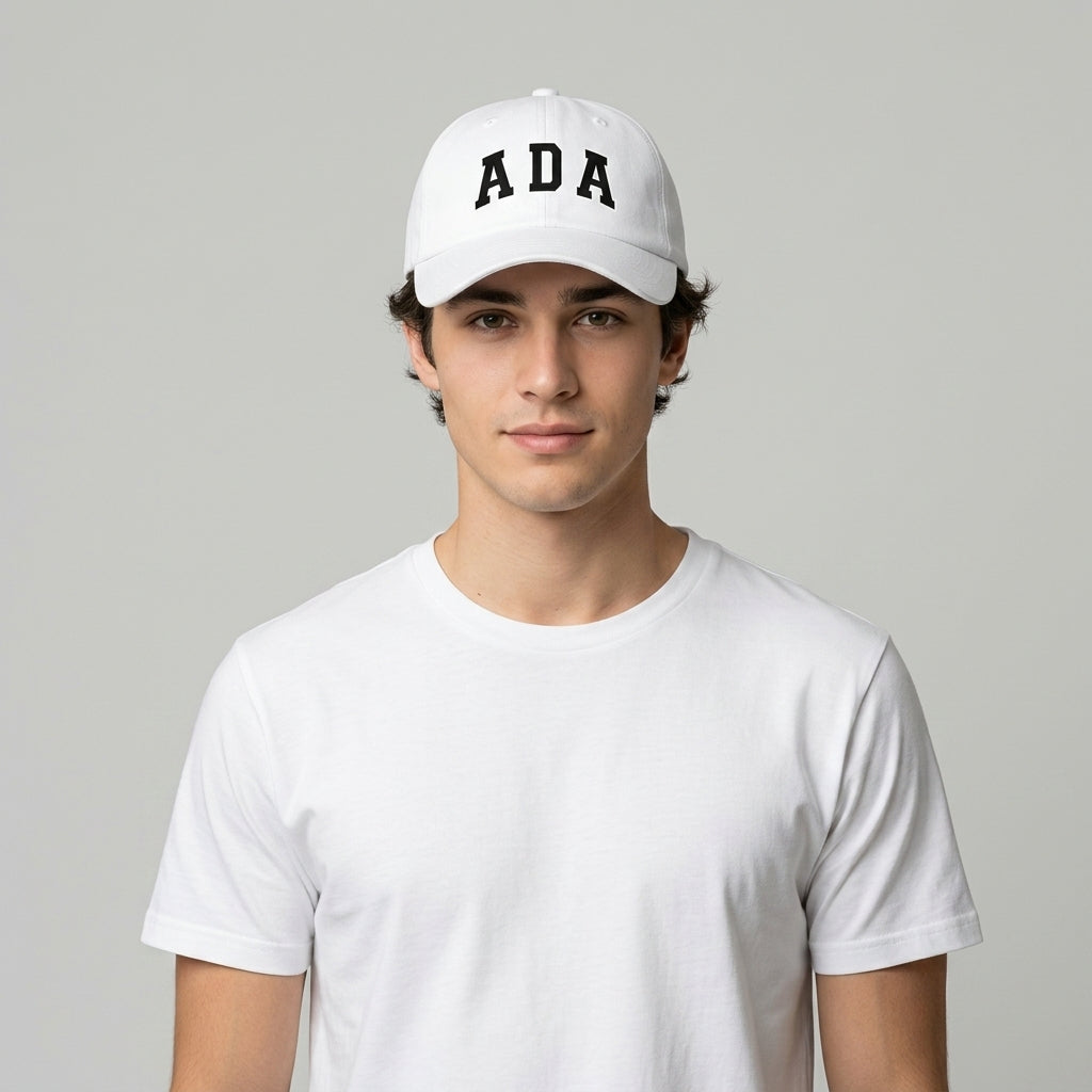 ADA Varsity Lettering Graphic Baseball Cap - Minimalist Trendy Streetwear Cap (White)