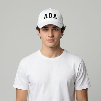 ADA Varsity Lettering Graphic Baseball Cap - Minimalist Trendy Streetwear Cap (White)