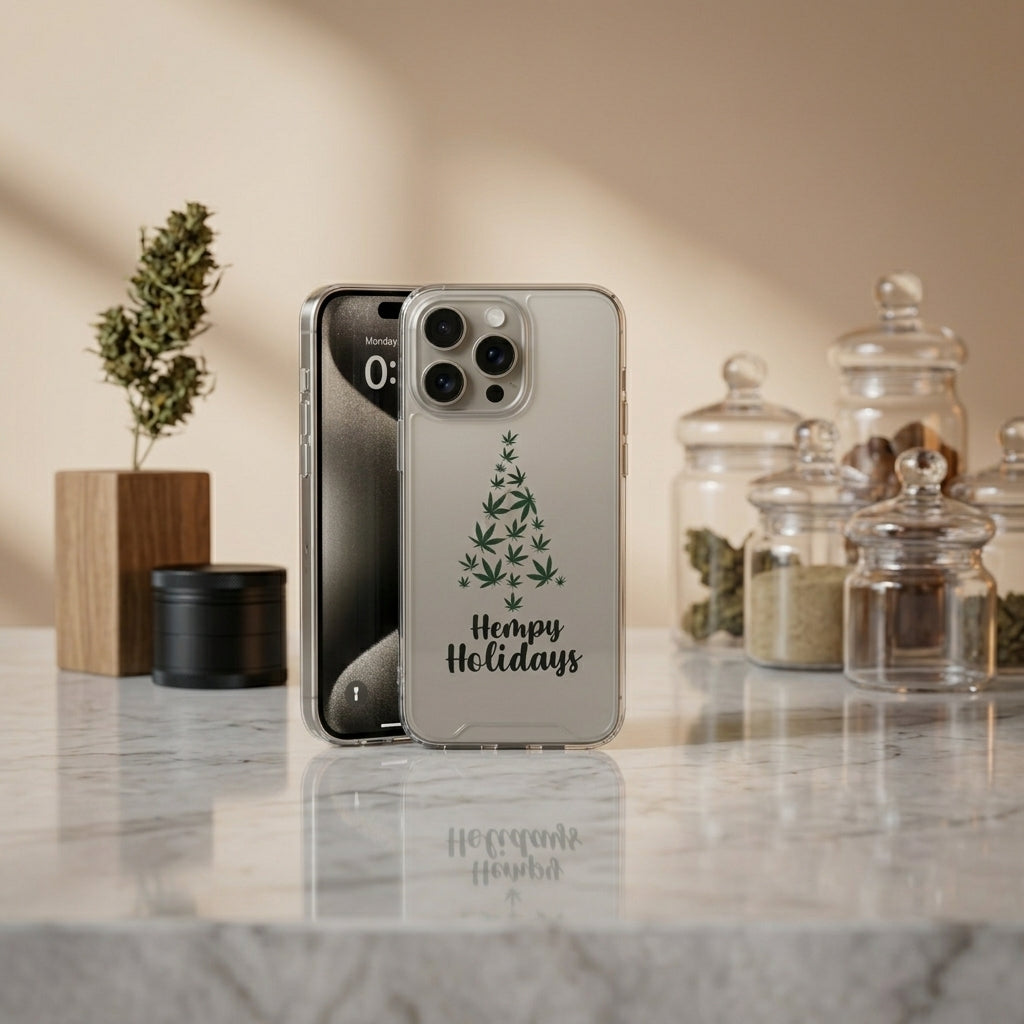 Hempy Holidays Christmas Tree Graphic Clear Case Funny Weed Leaf Protective Phone Cover for iPhone