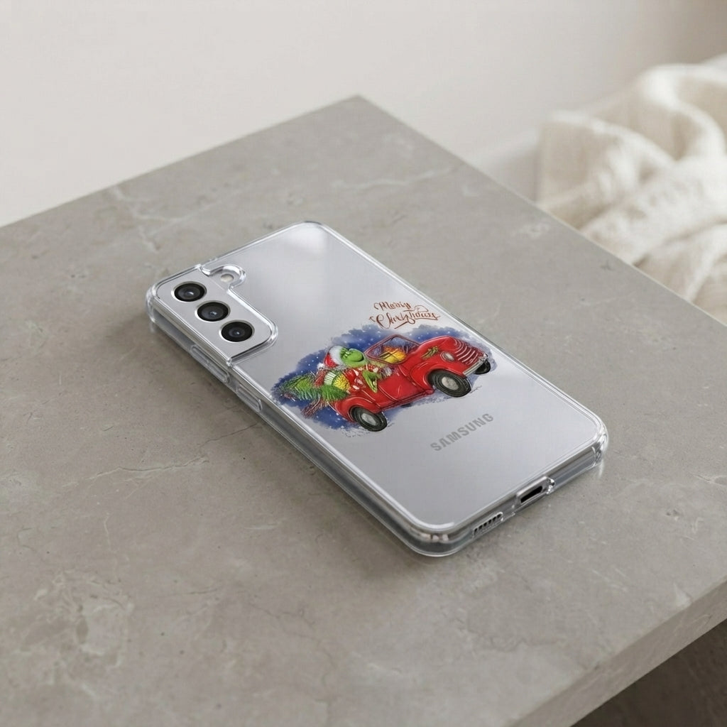 Grinch Driving Red Vintage Truck Christmas Clear Case for Samsung Galaxy | Festive Holiday Phone Cover