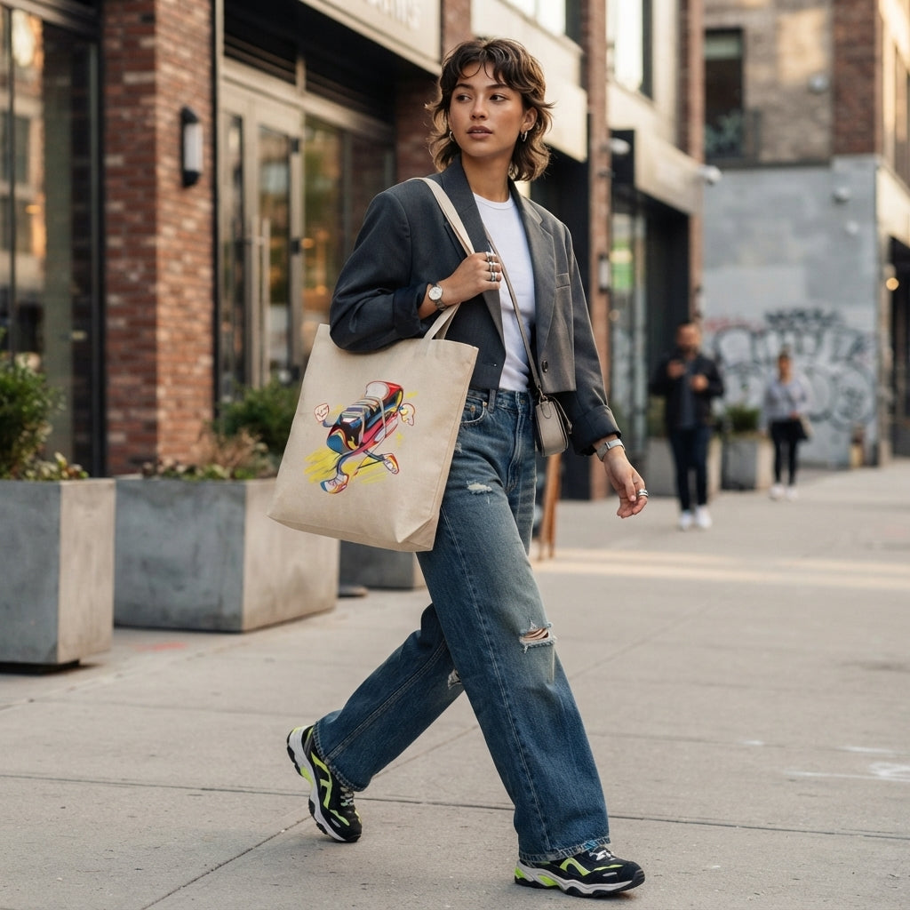 Cartoon Running Sneaker "Kickin' It" Natural Canvas Tote Bag