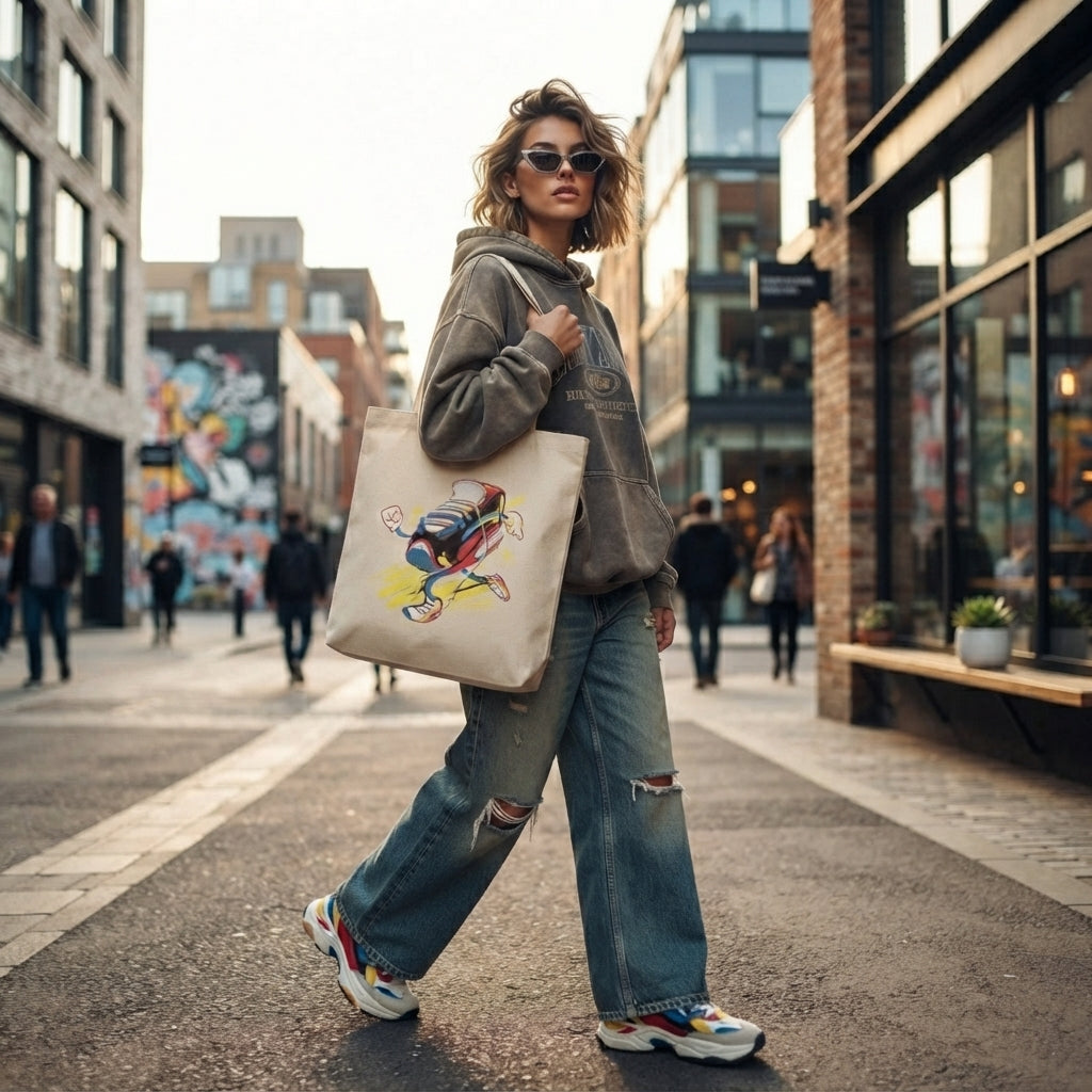 Cartoon Running Sneaker "Kickin' It" Natural Canvas Tote Bag