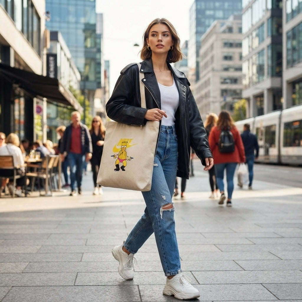 Cartoon Mashup Graphic Canvas Tote Bag - Funny Pop Culture Parody Streetwear Shoulder Bag