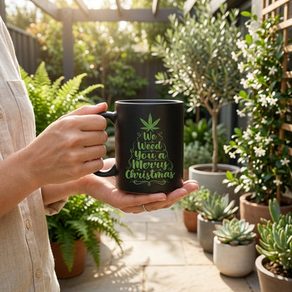 We Weed You A Merry Christmas Tree Graphic Black Ceramic Mug - Funny Holiday Stoner Coffee Cup (11oz)
